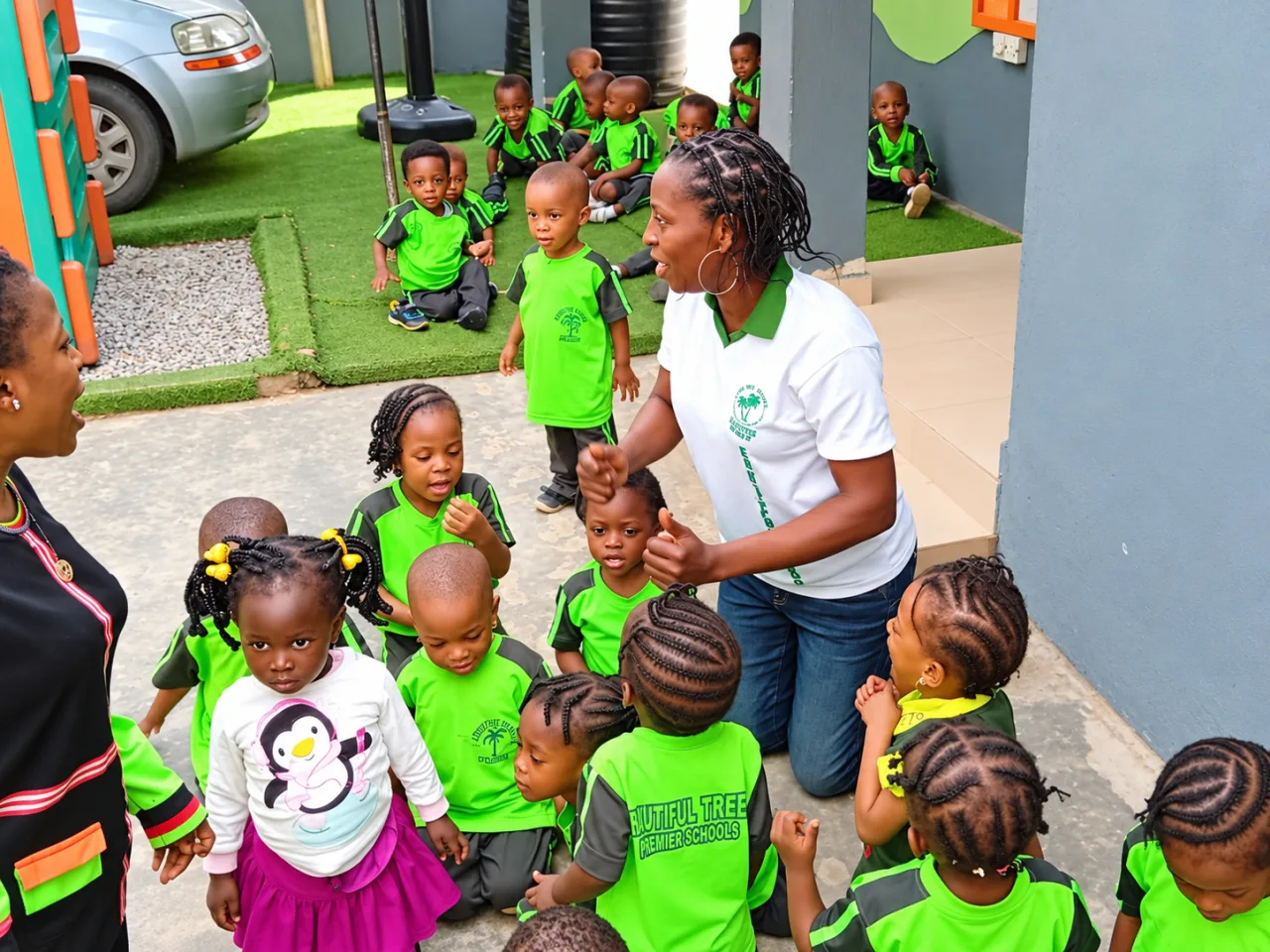 Fruitful Trees early years pupils gathered with their teacher in the school grounds.